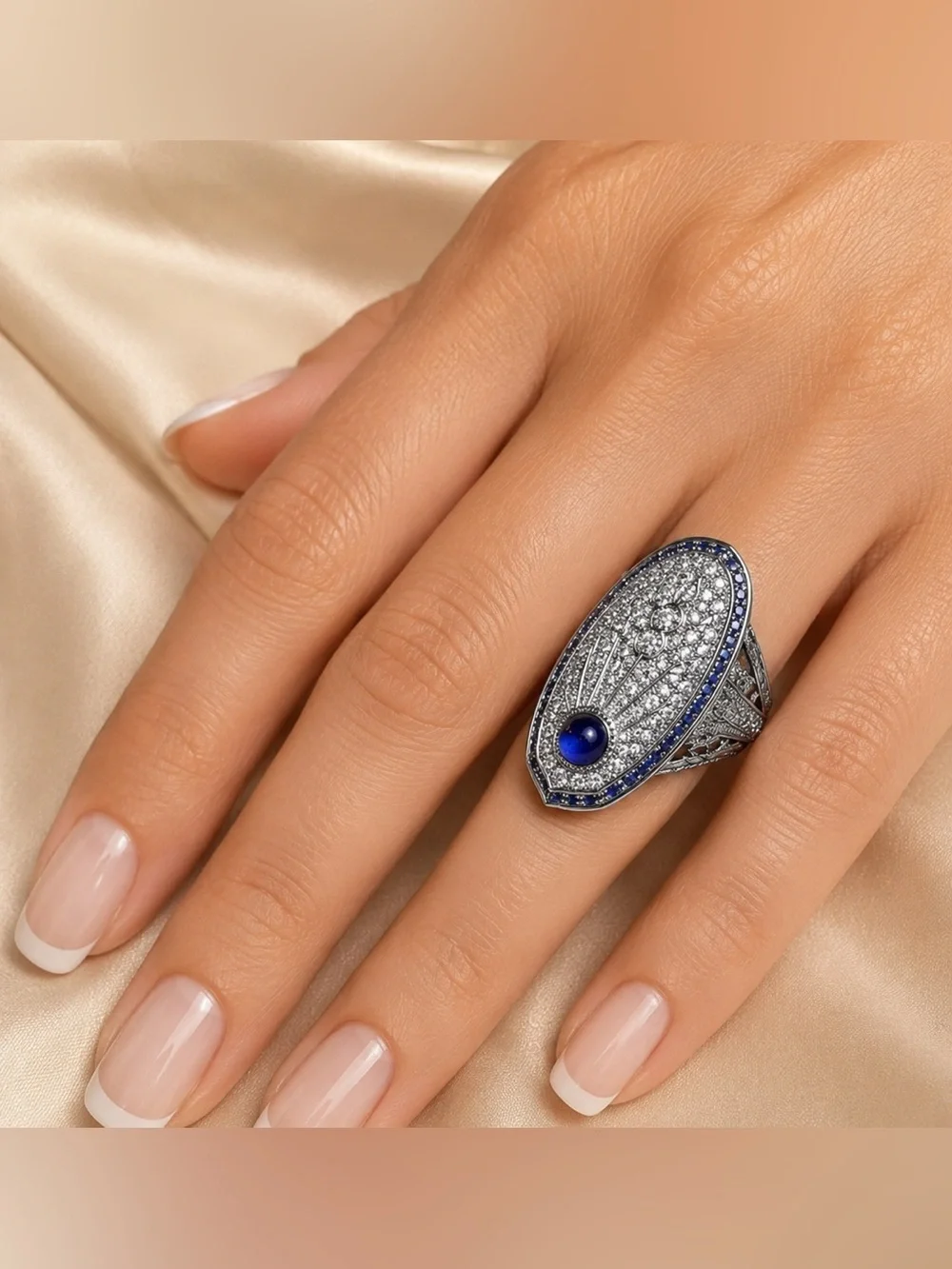 Anthropologie Art Deco Style Blue Cabochon Pavé Crystal Statement Ring Size 7